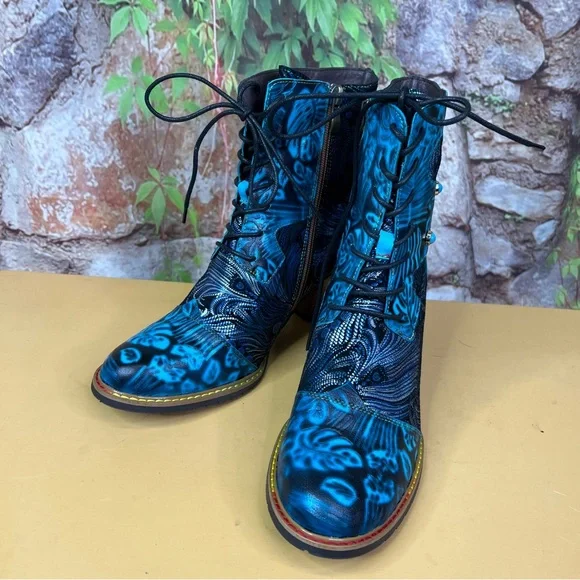 CY Blue Leather and TextilePeacock Feather Lace-Up Cuban Heel Boots, 41/10 - Picture 3 of 13
